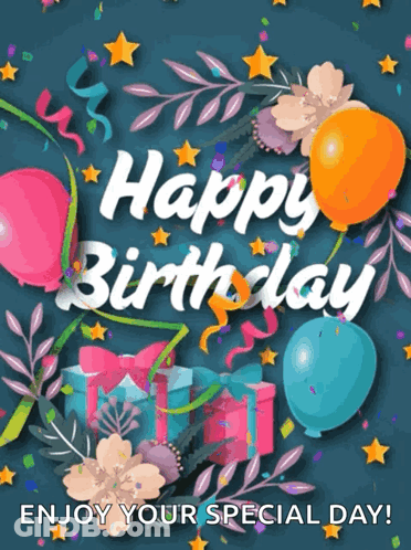 Happy Birthday Card With Balloons And Flowers GIF