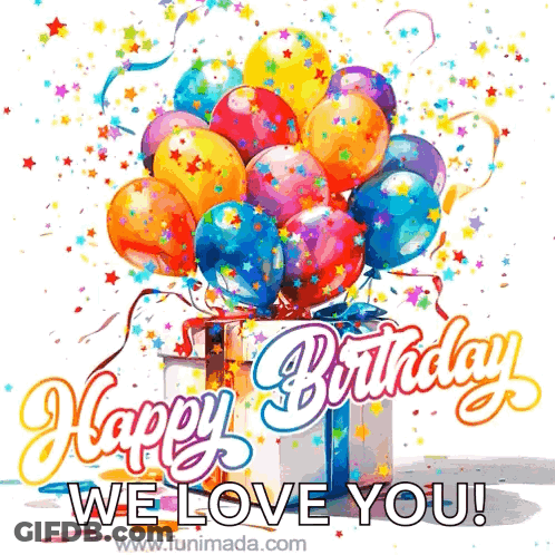 Happy Birthday Card With Balloons And Gift Box GIF