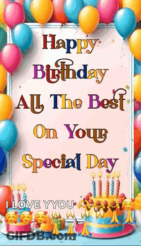 Happy Birthday Card With Balloons Cake Cupcakes Candles GIF