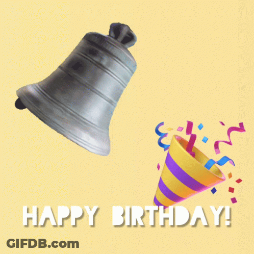 Happy Birthday Card With Bell And Party Hat GIF