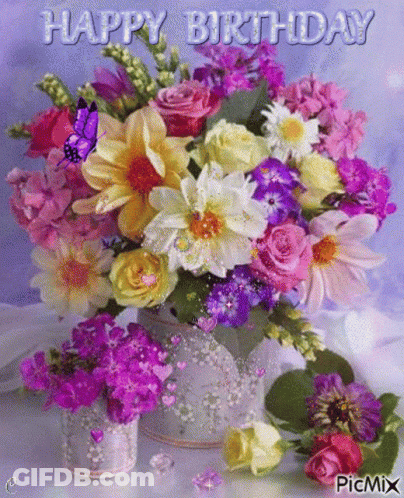 Happy Birthday Card With Bouquet Of Flowers GIF