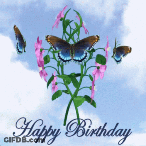 Happy Birthday Card With Butterflies On Flower GIF