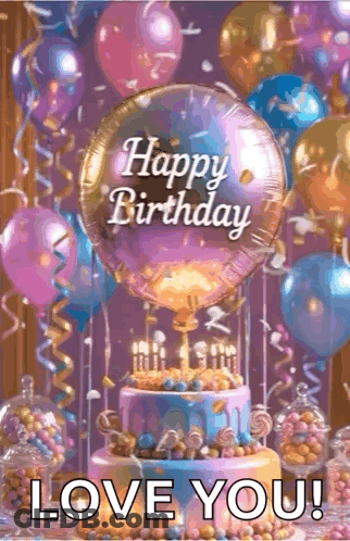 Happy Birthday Card With Cake And Balloons GIF