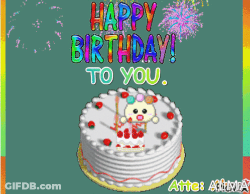Happy Birthday Card With Cake And Fireworks GIF