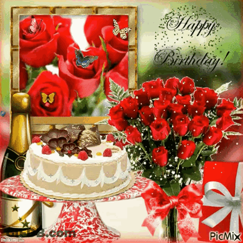Happy Birthday Card With Cake And Red Roses GIF