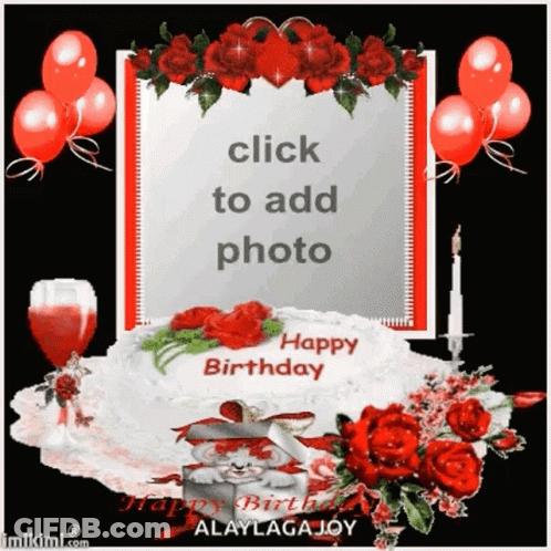 Happy Birthday Card With Cake And Roses GIF