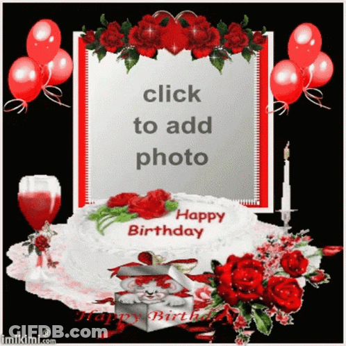 Happy Birthday Card With Cake And Roses GIF