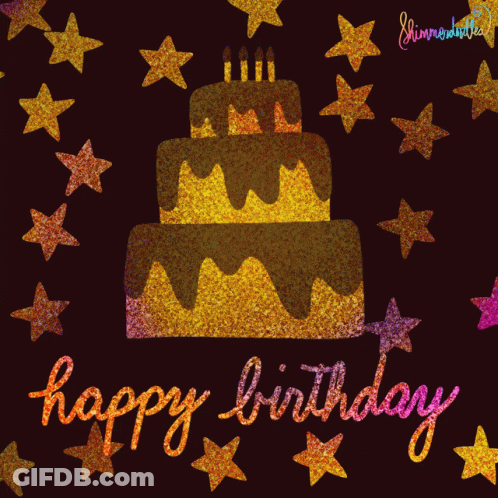 Happy Birthday Card With Cake And Stars GIF
