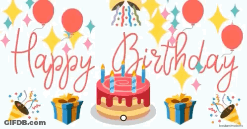 Happy Birthday Card With Cake Balloons Presents Confetti GIF