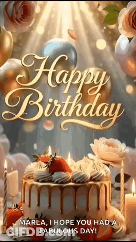 Happy Birthday Card With Cake Candles Balloons Flowers GIF
