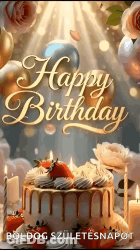Happy Birthday Card With Cake, Candles, Balloons, Flowers GIF