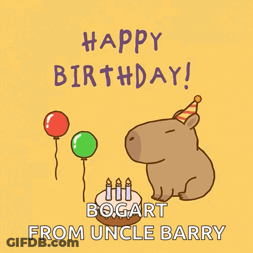 Happy Birthday Card With Capybara In Party Hat And Birthday Cake GIF
