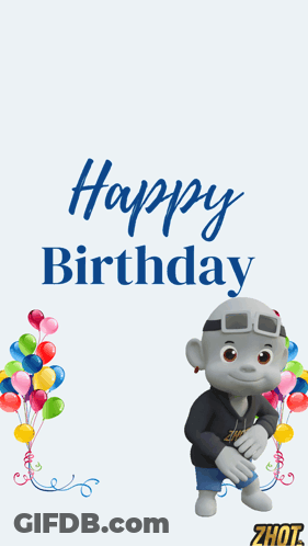 Happy Birthday Card With Cartoon Character And Balloons GIF