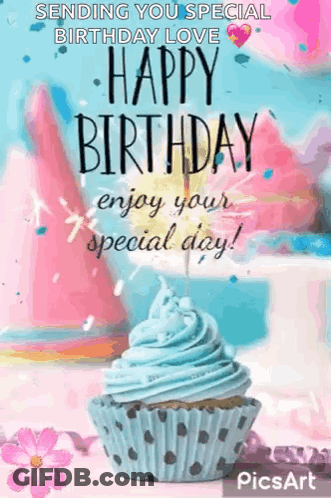 Happy Birthday Card With Cupcake And Candle GIF