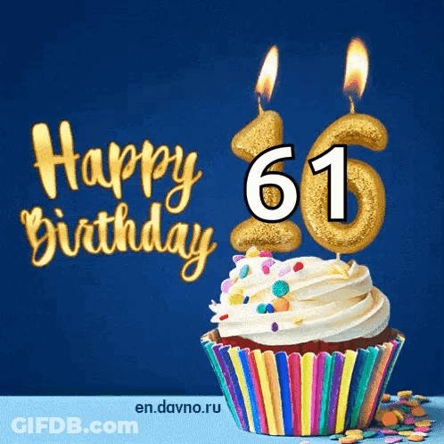 Happy Birthday Card With Cupcake And Candles Saying 61 GIF