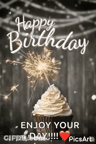 Happy Birthday Card With Cupcake And Sparkler GIF