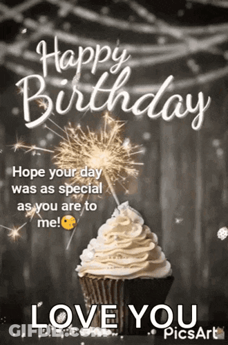 Happy Birthday Card With Cupcake And Sparklers GIF