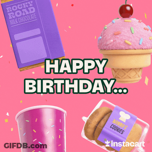 Happy Birthday Card With Cupcake Ice Cream Cone And Cookies GIF