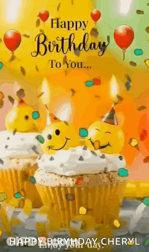 Happy Birthday Card With Cupcakes Balloons GIF