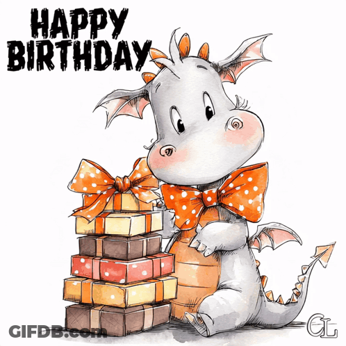 Happy Birthday Card With Dragon Holding Gifts GIF