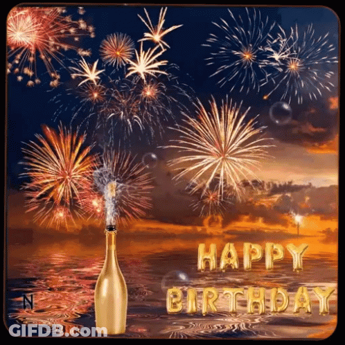 Happy Birthday Card With Fireworks And Champagne GIF