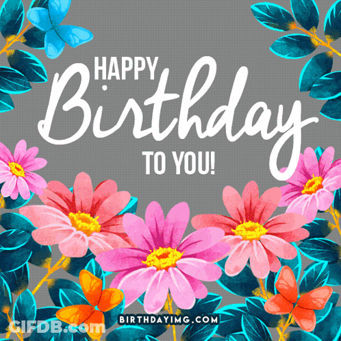 Happy Birthday Card With Flowers And Leaves GIF