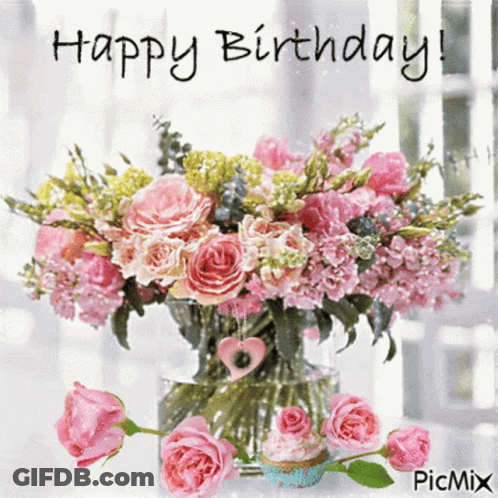 Happy Birthday Card With Flowers, Pearls, Gold Box GIF