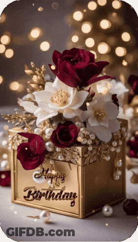 Happy Birthday Card With Flowers Pearls Gold Box GIF