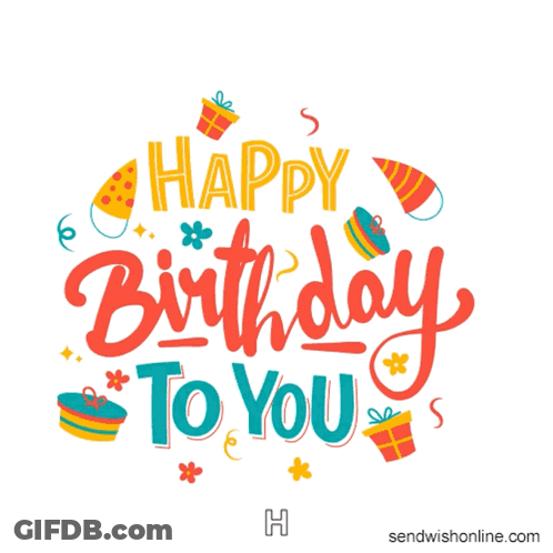 Happy Birthday Card With Gifts And Party Hats GIF