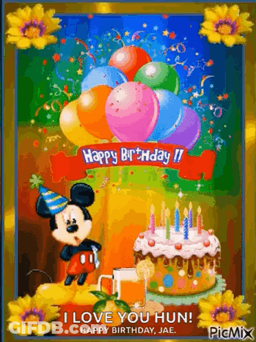 Happy Birthday Card With Mickey Mouse Balloons And Cake GIF