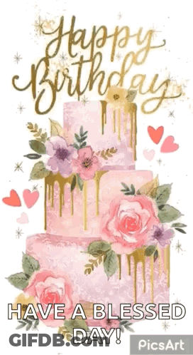Happy Birthday Card With Pink And Gold Cake GIF