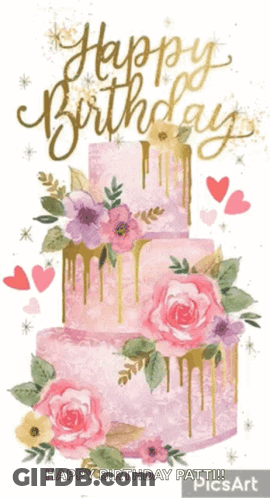 Happy Birthday Card With Pink Cake And Flowers GIF