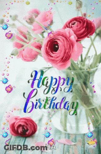 Happy Birthday Card With Pink Roses GIF