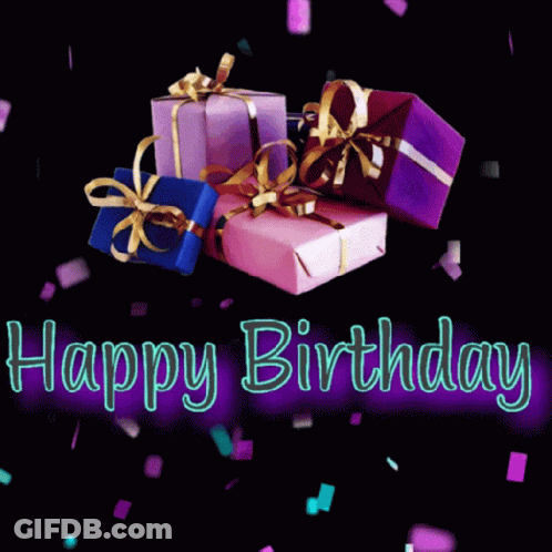 Happy Birthday Card With Presents And Confetti GIF