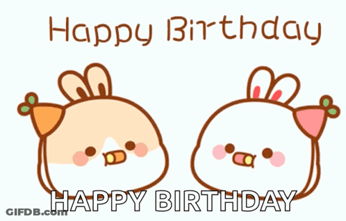 Happy Birthday Card With Rabbits In Party Hats GIF
