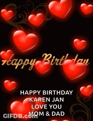 Happy Birthday Card With Red Hearts On Black Background GIF