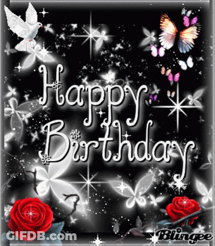 Happy Birthday Card With Red Roses And Butterflies GIF