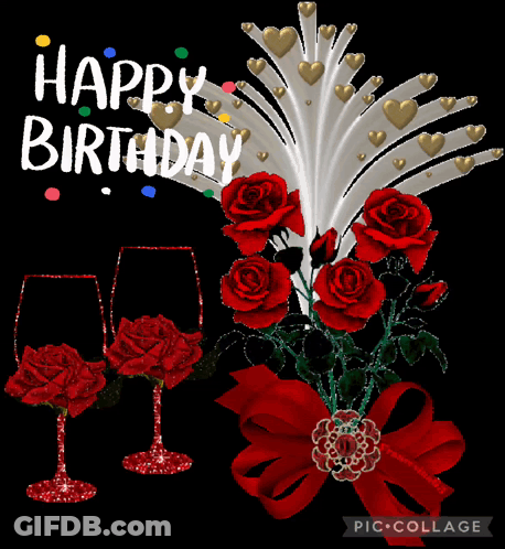 Happy Birthday Card With Red Roses And Wine Glasses GIF
