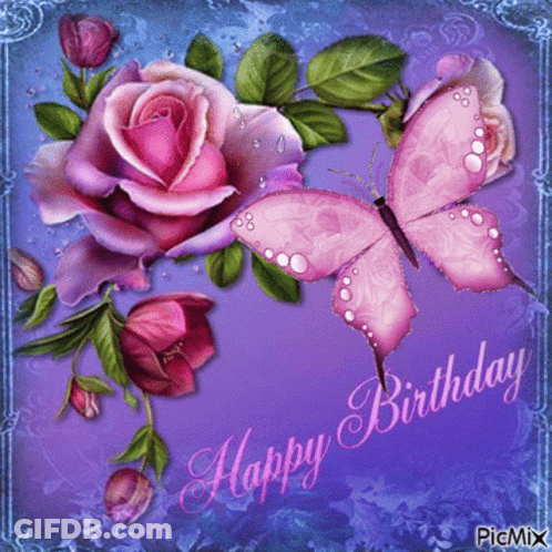 Happy Birthday Card With Roses And Butterflies GIF