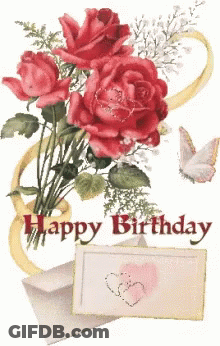 Happy Birthday Card With Roses And Hearts GIF