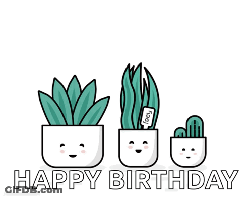Happy Birthday Card With Three Potted Plants Faces GIF
