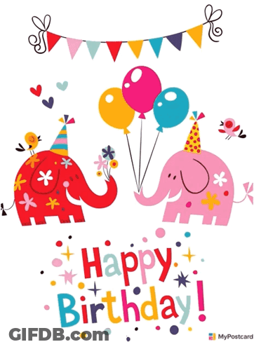Happy Birthday Card With Two Elephants And Balloons GIF