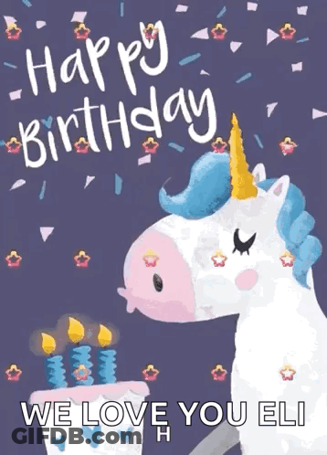 Happy Birthday Card With Unicorn And Cake GIF