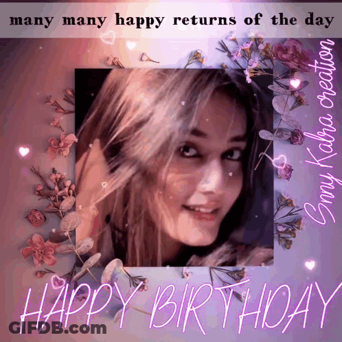 Happy Birthday Card With Woman And Flowers GIF