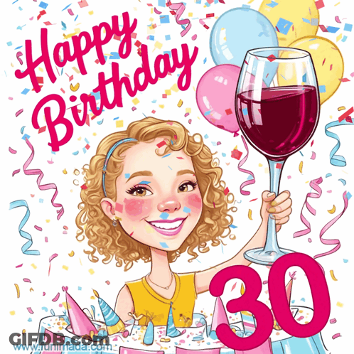 Happy Birthday Card Woman Holding Wine 30 GIF
