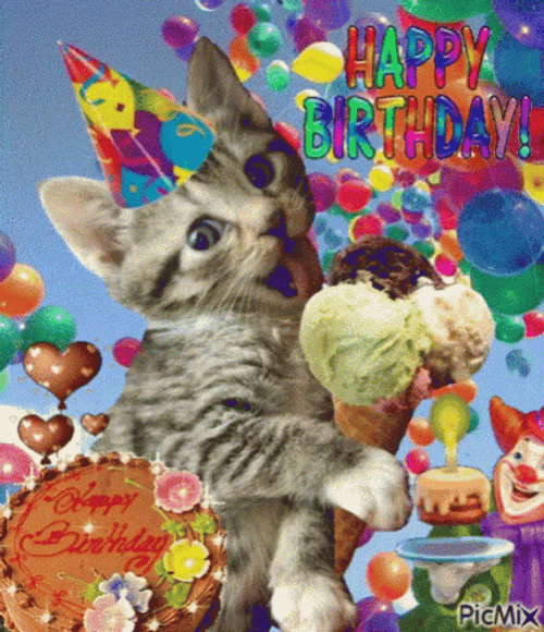 Happy Birthday Cat Eating Ice Cream GIF