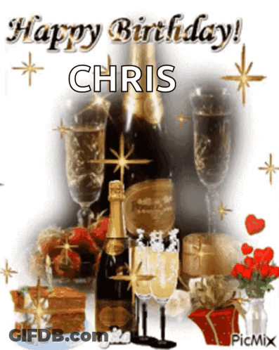 Happy Birthday Chris Card With Champagne GIF