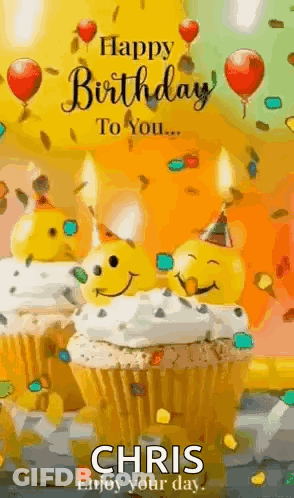 Happy Birthday Chris Enjoy Your Day Greeting Card With Cupcakes And Balloons GIF