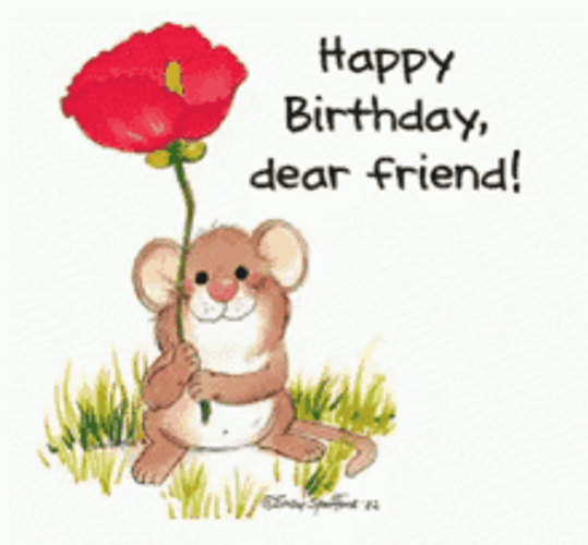 Happy Birthday Dear Friend Cute Mouse Rose GIF