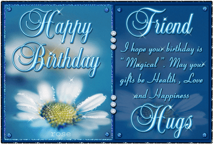 Happy Birthday Friend Glittery Blue Flowers GIF